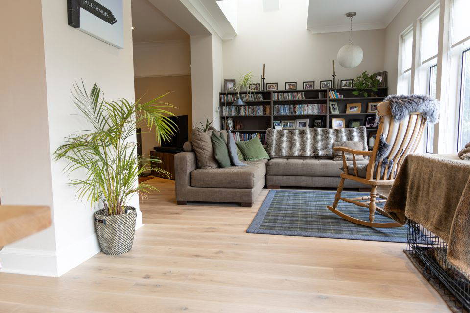 Engineered oak hardwood flooring installation in Edinburgh living room by Rocks Property Restoration